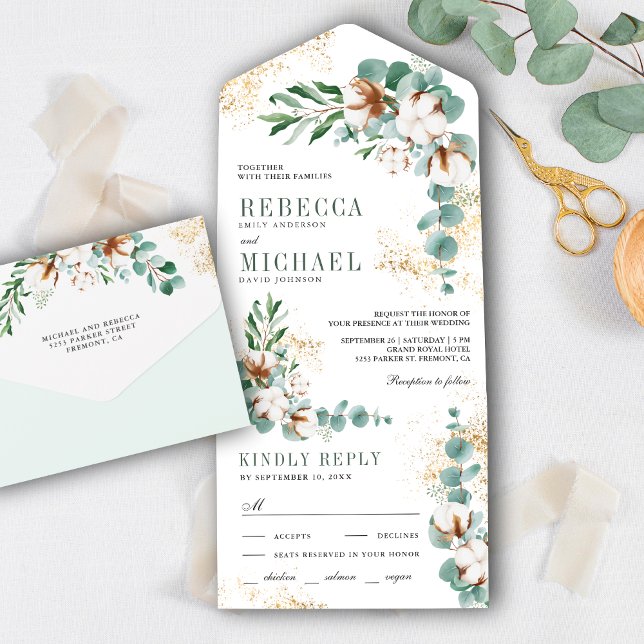 Invitation Tout En Un Mariage Rustique Boho Cotton Gold Eucalyptus Branc (Créateur téléchargé)