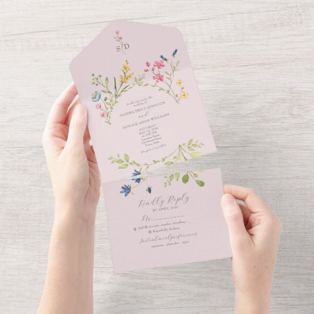 Invitation Tout En Un Mariage rustique boho rose (Déchirure)