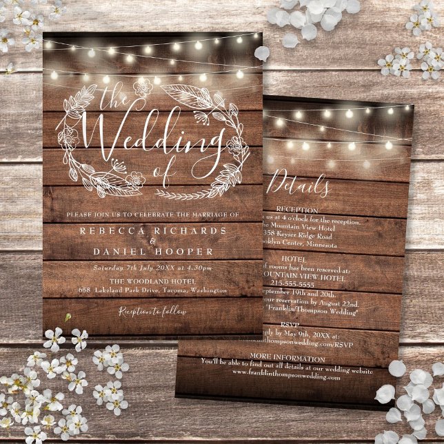 Invitation Tout En Un Mariage Rustique Bois Guirlande Lumineu (All In One Rustic Wood String Lights Wedding Invitation)