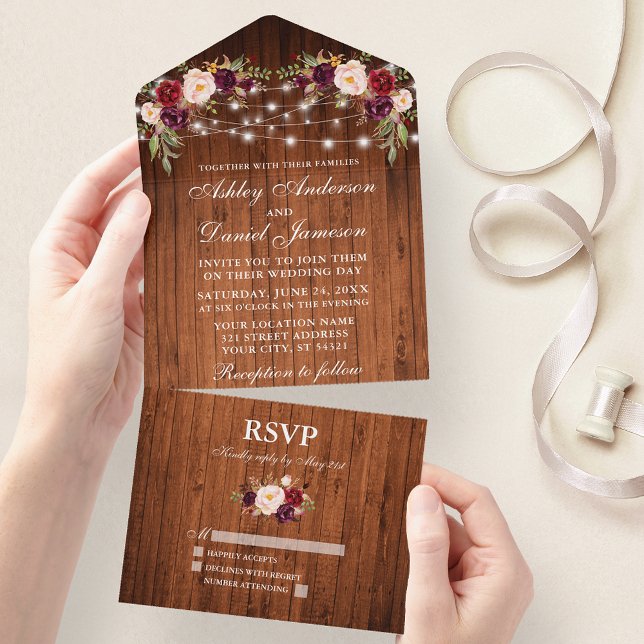 Invitation Tout En Un Mariage rustique Bourgogne Floral Lumières (All In One Wedding Invitation with tear off RSVP Card)