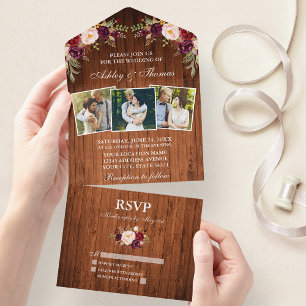 Invitation Tout En Un Mariage rustique Bourgogne Floral Wood 3 Photo