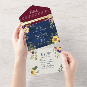Invitation Tout En Un Mariage Rustique Bourguignon Bleu Marine Tournesol