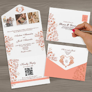 Invitation Tout En Un Mariage Rustique Chic aux Tons Corail Floraux