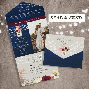 Invitation Tout En Un Mariage rustique de la Saint-Valentin bleu marine