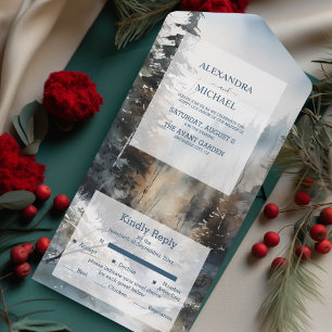 Invitation Tout En Un Mariage rustique de l'arbre de pin aquarelle