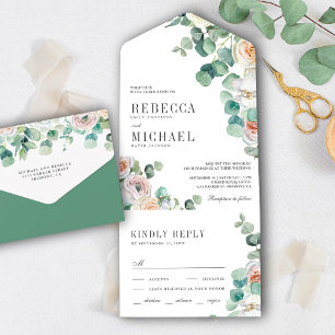 Invitation Tout En Un Mariage Rustique Douces Roses Feuillage Eucalyptus