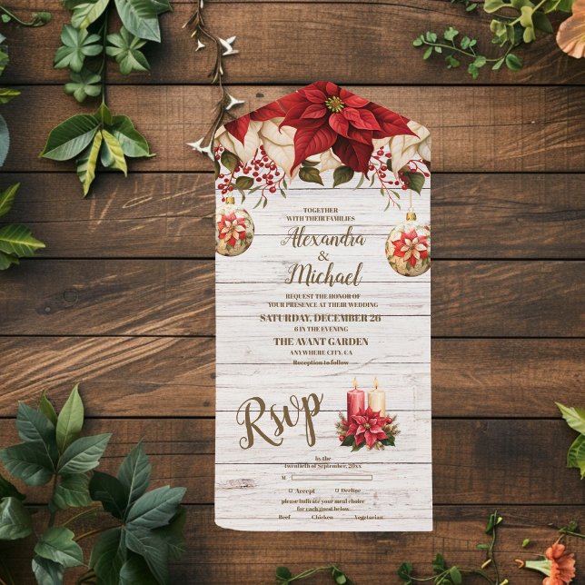 Invitation Tout En Un Mariage Rustique en bois blanc Poinsettia (Créateur téléchargé)