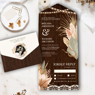 Invitation Tout En Un Mariage Rustique en Bois Brodé de Palmier Séché et
