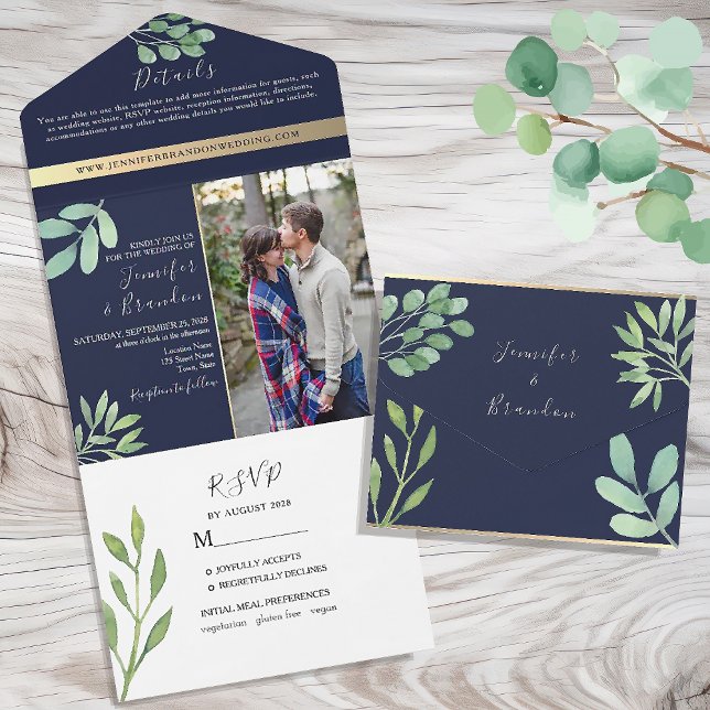 Invitation Tout En Un Mariage Rustique Eucalyptus Bleu Nuit (Créateur téléchargé)