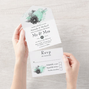Invitation Tout En Un Mariage rustique floral à thème menthe et charbon 