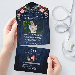 Invitation Tout En Un Mariage rustique Floral Bleu Bois Lumières Photo