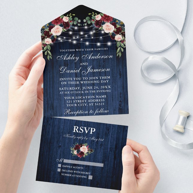 Invitation Tout En Un Mariage Rustique Floral Bourgogne Bleu Lumières en (All In One Wedding Invitation with tear off RSVP Card)
