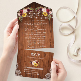 Invitation Tout En Un Mariage Rustique Mélange Floral Lumières Dentelles