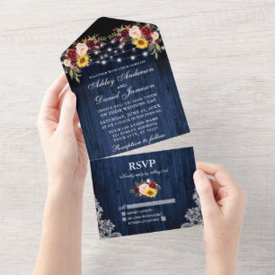 Invitation Tout En Un Mariage rustique Mixte Floral Bleu Lumières dentel