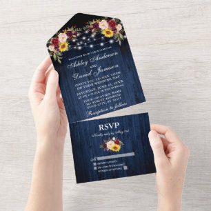 Invitation Tout En Un Mariage rustique Mixte Floral Bleu Lumières en Boi