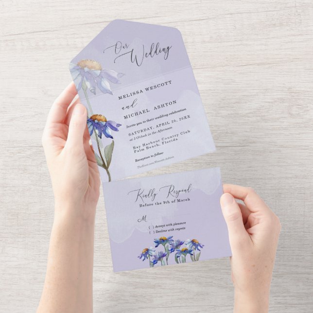 Invitation Tout En Un Mariage rustique moderne avec marguerites violette (Déchirure)