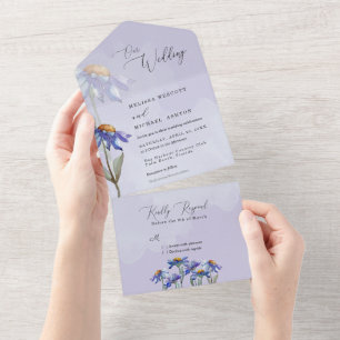 Invitation Tout En Un Mariage rustique moderne avec marguerites violette