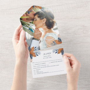 Invitation Tout En Un Mariage Rustique Monstera Bleu Minuit