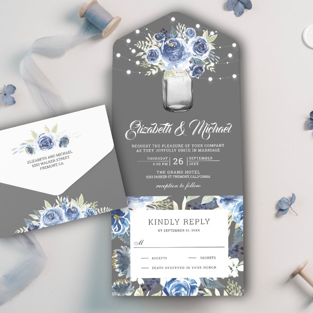 Invitation Tout En Un Mariage Rustique Pot Mason Fleur Bleu Gris Poussié (Créateur téléchargé)