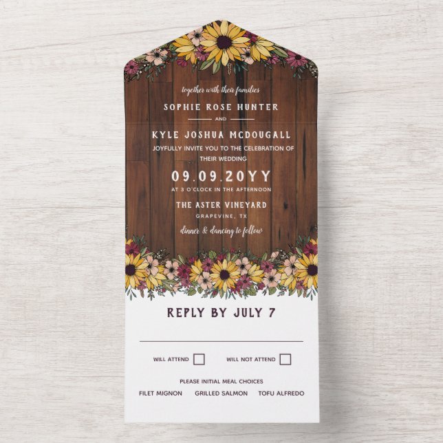 Invitation Tout En Un Mariage Rustique Sunflower Wood Grain (À l'intérieur)