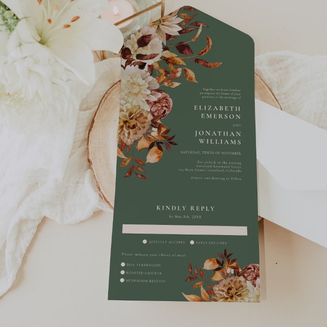 Invitation Tout En Un Mariage Sage (Sage Green Copper Leaves Fall Wedding All In One Invitation by Painted Paperie
)