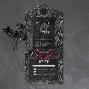 Invitation Tout En Un Mariage sans dîner Moth Filigrane de vin noir goth