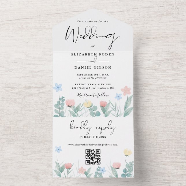 Invitation Tout En Un Mariage Script Code QR Floral Aquarelle (À l'intérieur)