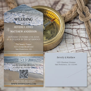 Invitation Tout En Un Mariage simple Dusty Blue Sandy Beach