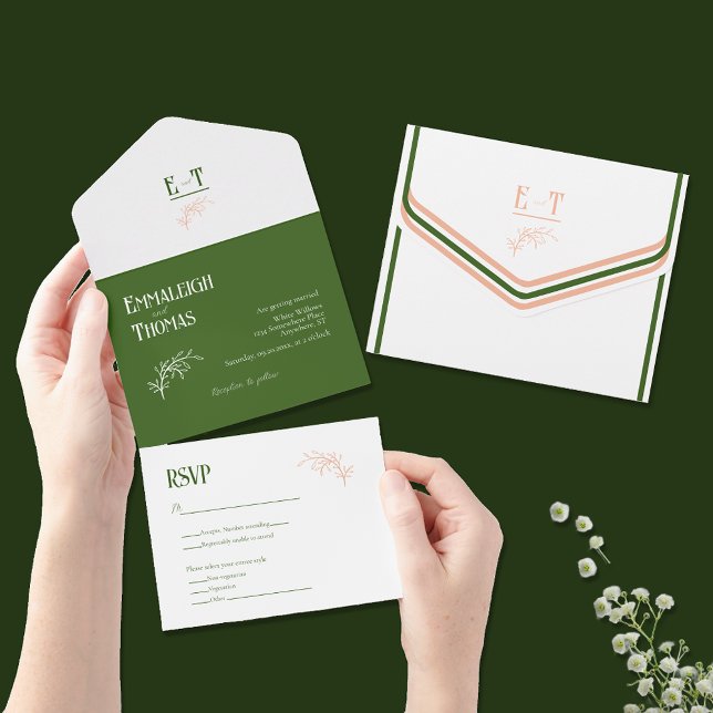 Invitation Tout En Un Mariage simple moderne blanc pêche + vert (Créateur téléchargé)