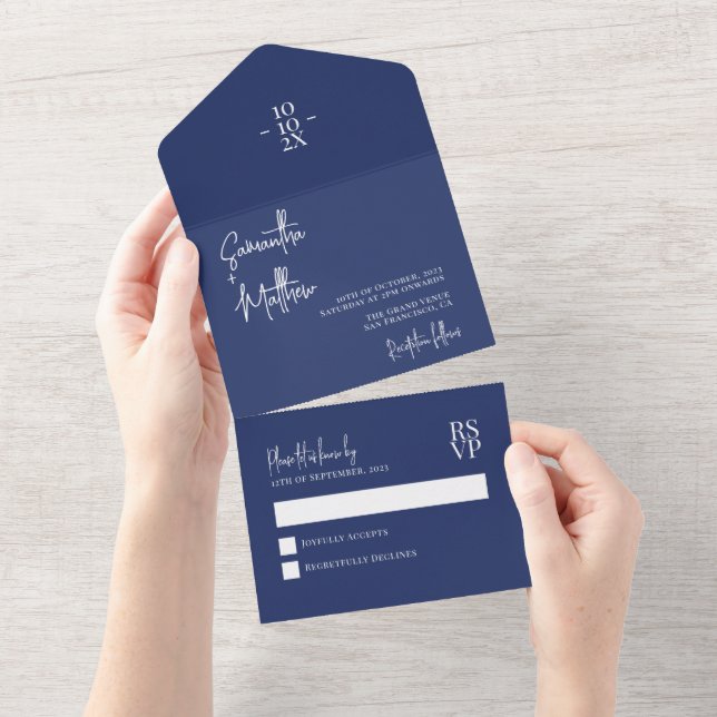 Invitation Tout En Un Mariage Simple Moderne Rustique Bleu Marine (Déchirure)