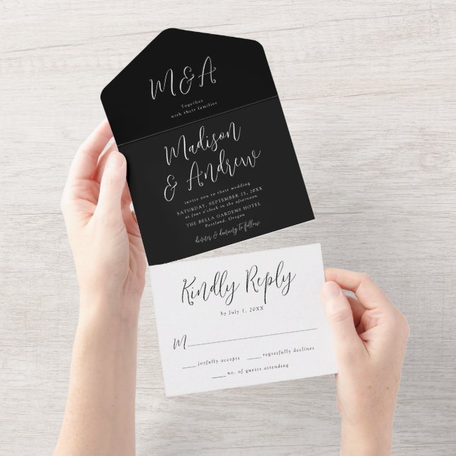 Invitation Tout En Un Mariage simple noir et blanc en écriture cursive (Déchirure)