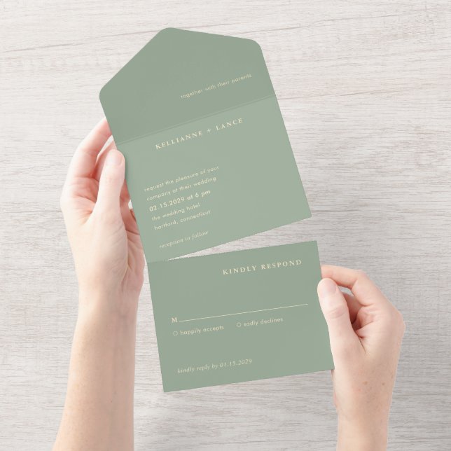 Invitation Tout En Un Mariage Simple Vert Sauge Moderne (Déchirure)