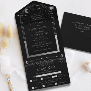 Invitation Tout En Un Mariage Soleil Lune Étoiles Céleste Argent Noir