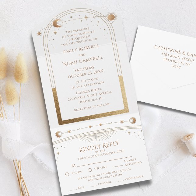 Invitation Tout En Un Mariage Soleil Lune Étoiles Or Blanc Céleste (Créateur téléchargé)