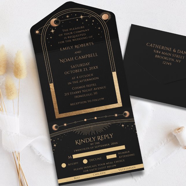 Invitation Tout En Un Mariage Soleil Lune Étoiles Or Noir Céleste (Créateur téléchargé)