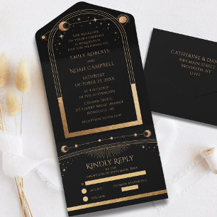 Invitation Tout En Un Mariage Soleil Lune Étoiles Or Noir Céleste