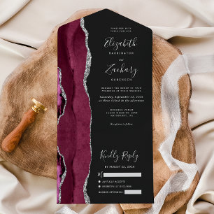 Invitation Tout En Un Mariage sombre à l'agate argentée de Bourgogne