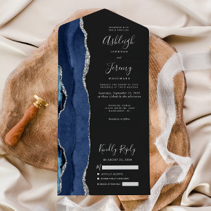 Invitation Tout En Un Mariage sombre bleu marine argent agate