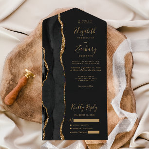 Invitation Tout En Un Mariage sombre moderne à l'agate noir or