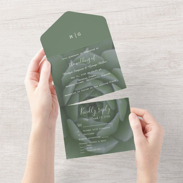 Invitation Tout En Un mariage succulent de monogramme vert sauge (Déchirure)