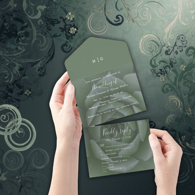 Invitation Tout En Un mariage succulent de monogramme vert sauge (Créateur téléchargé)