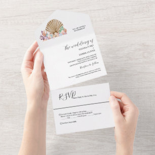 Invitation Tout En Un Mariage sur la plage de corail et de coquillages