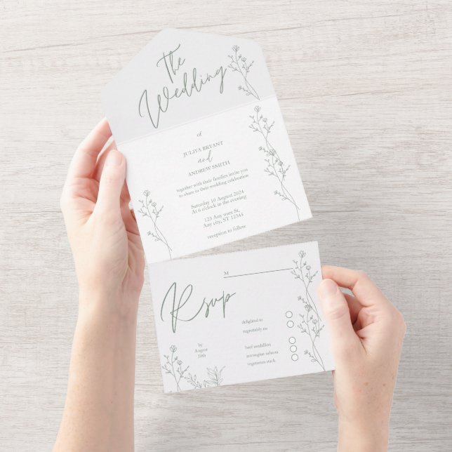 Invitation Tout En Un Mariage tendance blanc et vert (Déchirure)