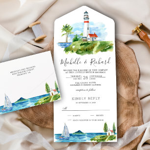 Invitation Tout En Un Mariage thème littoral phare à l'aquarelle