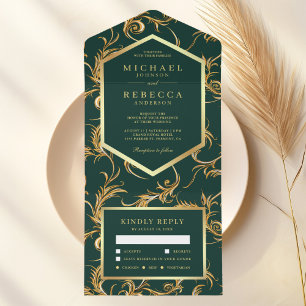 Invitation Tout En Un Mariage Tourbillon de papier doré vert émeraude