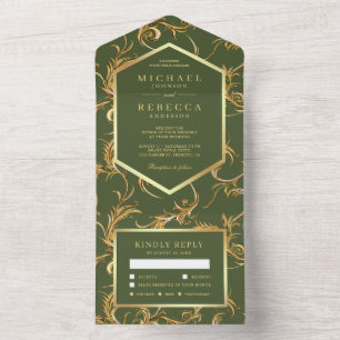 Invitation Tout En Un Mariage Tourbillon de papier doré vert olive