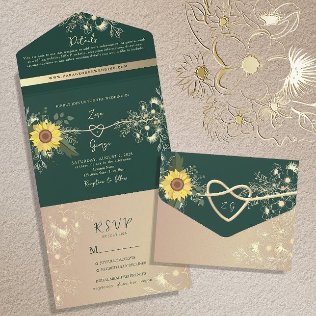 Invitation Tout En Un Mariage Tournesol Émeraude Vert (Créateur téléchargé)