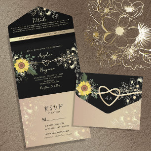 Invitation Tout En Un Mariage Tournesol Noir et Or