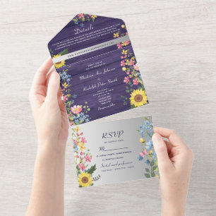 Invitation Tout En Un Mariage Tournesol Rustique Violet