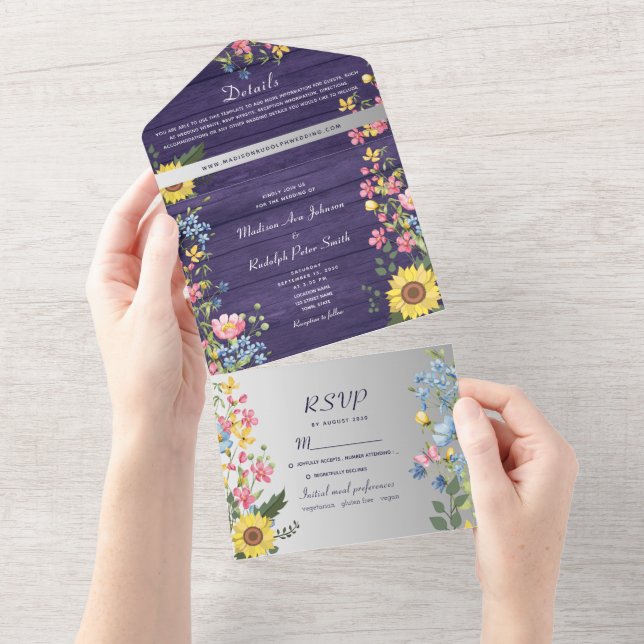 Invitation Tout En Un Mariage Tournesol Rustique Violet (Déchirure)